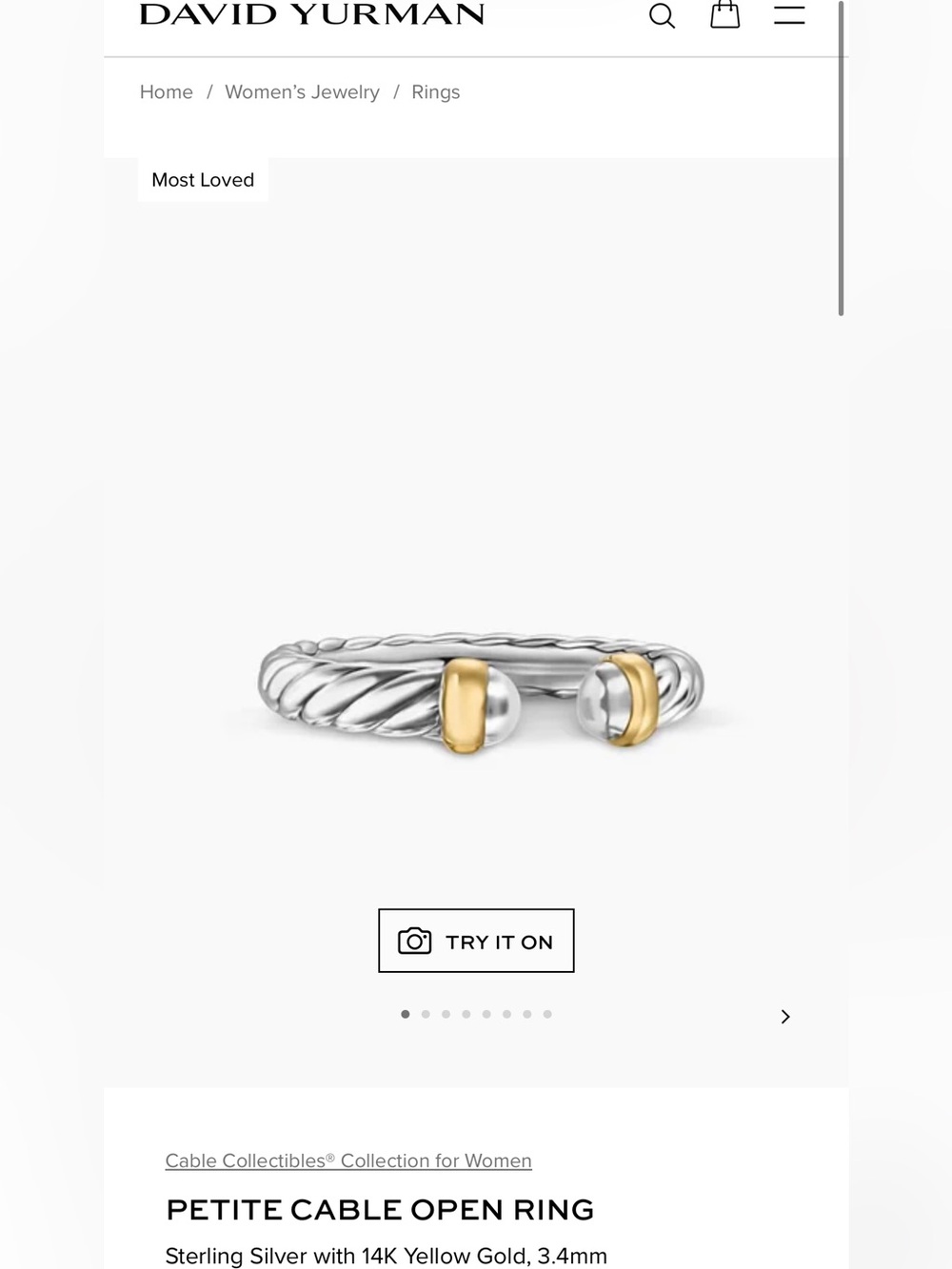 David Yurman Petite Cable Open Ring in Silver and Yellow Gold